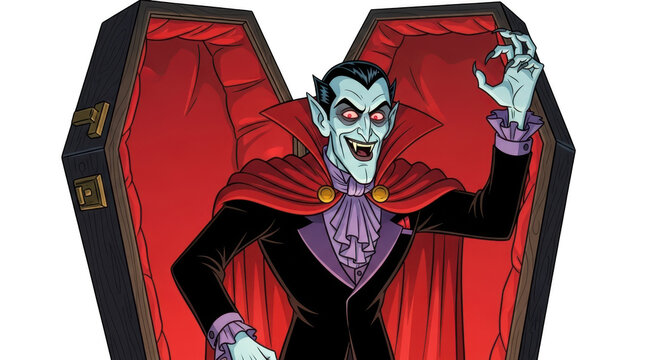 Spooky cartoon vampire rises from his coffin with a menacing grin