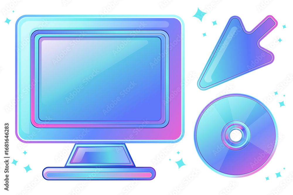 Fototapete vector y2k gradient set of 3 digital technology icons, computer monitor, arrow cursor and compact di