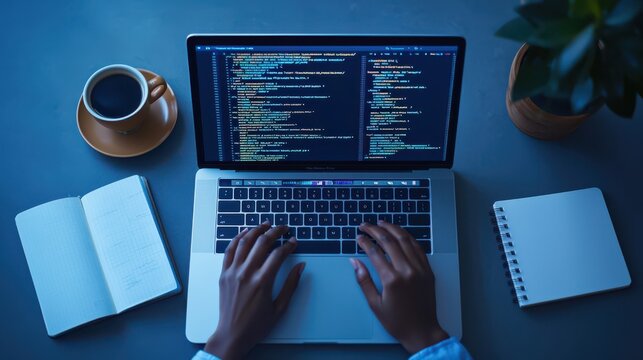 A person types on a laptop displaying code, surrounded by a coffee cup, notebook, and plant, creating a productive workspace atmosphere.