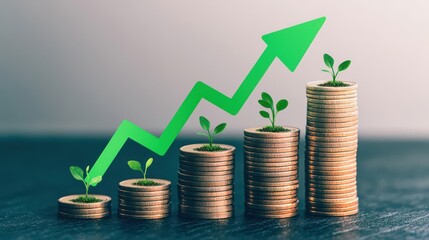 A dynamic image showing stacks of coins with small plants growing, symbolizing financial growth and sustainability.