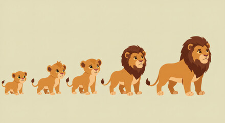 Vector illustration depicting the life cycle and growth stages of a male lion, from a small cub to a mature adult