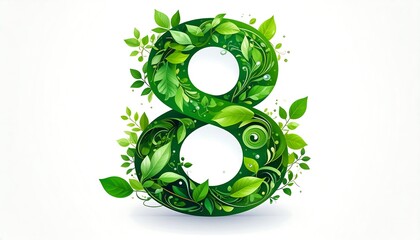 A decorative, vibrant green number eight design is adorned with leaves and floral patterns.