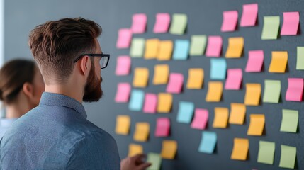 A person analyzes colorful sticky notes on a wall, engaging in a collaborative brainstorming session.
