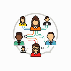 A modern vector illustration depicts a diverse group of individuals interconnected within a circular network, symbolizing effective communication, teamwork, and collaboration.
