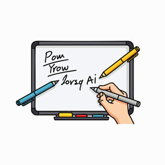 A creative hand uses a marker pen to write on a modern whiteboard, surrounded by other colorful writing tools, symbolizing brainstorming and idea generation.