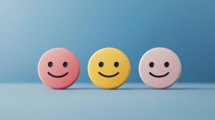 Naklejka premium Three colorful smiley face tokens are aligned on a blue background, exuding a cheerful and playful vibe.
