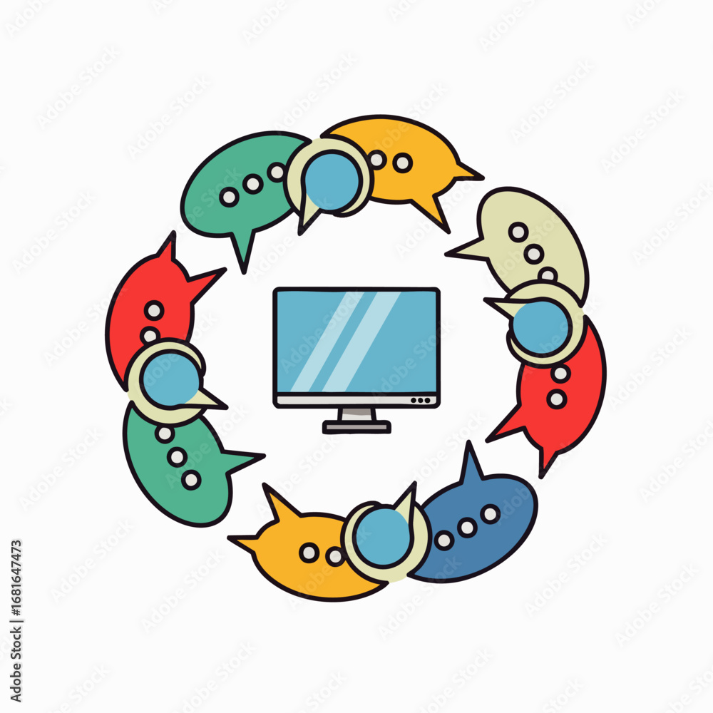 Poster captivating vector illustration showing a computer monitor at the heart of a vibrant online communic