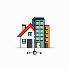 A vibrant icon portrays a house, apartment, office building, interconnected by a network, symbolizing diverse real estate, urban management.