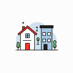 A clean, flat design vector showing a detached family house next to a taller apartment building, illustrating property, urban planning, and real estate concepts.