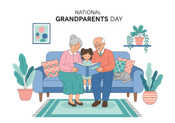 Flat style illustration of grandparents reading a book with grandchild on the sofa at home, featuring National Grandparents Day text, symbolizing love, wisdom, and family bonding