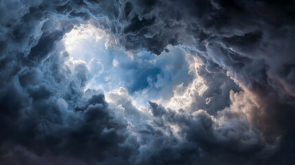 Obraz premium Dark storm clouds swirl dramatically, revealing a bright blue sky in the center, creating a striking contrast and captivating atmosphere