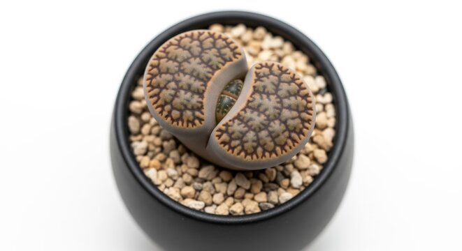 Unique living stone succulent plant in a black pot detailed close-up macro photography