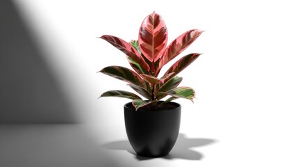 Vibrant croton plant in a black pot casting shadows on a light surface