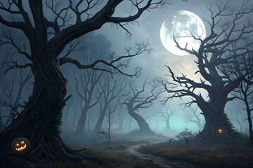 A spooky halloween night scene with a full moon and bare trees in a misty forest with jack o lanterns