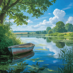 A serene lake with a boat resting near the shore under a blue sky