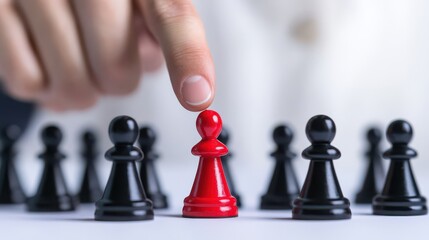 A hand points at a red chess pawn among black pawns, symbolizing strategy, leadership, and decision-making in a competitive environment.
