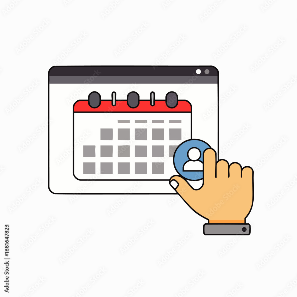 Poster a human hand interacts with a digital calendar interface, clicking on a user icon to schedule an imp