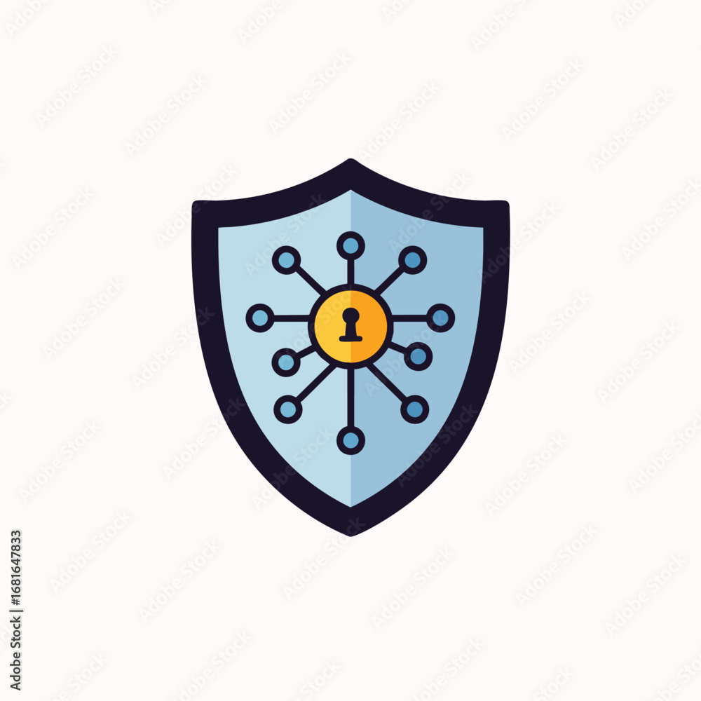 Poster a modern flat design icon illustrating robust digital security and data protection, featuring a shie