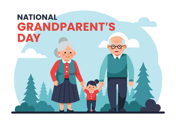 Flat style illustration of grandparents holding hands with grandchild outdoors, featuring National Grandparent’s Day text, symbolizing love, bonding, and family celebration in nature