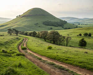 A winding dirt path leads through green, rolling hills towards a prominent conical burial mound.