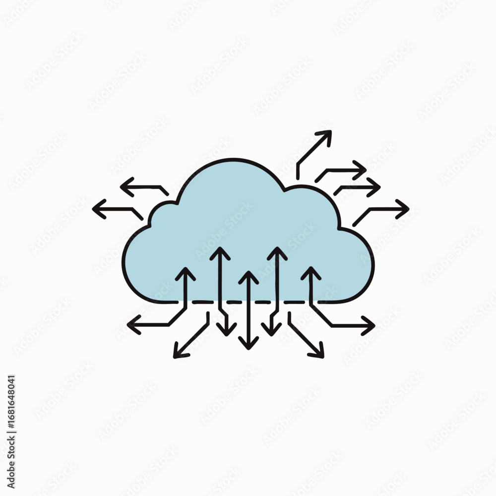 Poster this line art illustration depicts a digital cloud icon with arrows symbolizing data flow, represent