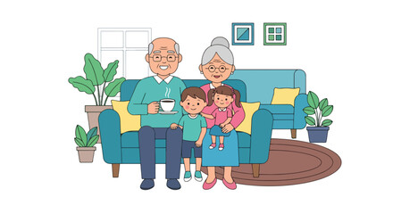 Flat style illustration of grandparents sitting on a sofa with grandchildren at home, celebrating National Grandparents Day with love, warmth, and family bonding indoors