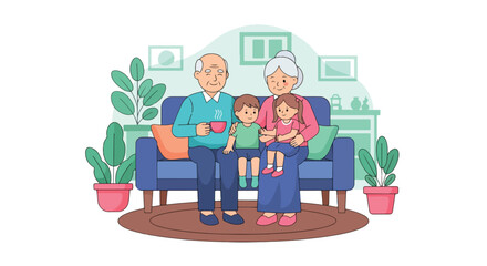 Flat style illustration of grandparents sitting on a sofa with grandchildren at home, celebrating National Grandparents Day with love, warmth, and family bonding indoors