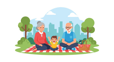 Flat style illustration of grandparents enjoying a picnic with grandchild in the park, celebrating National Grandparents Day with family bonding, laughter, and outdoor relaxation