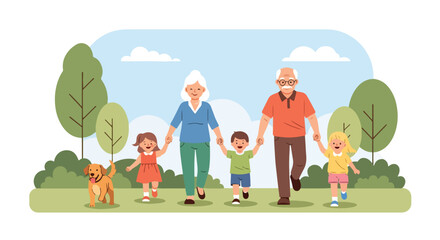 Flat style illustration of grandparents walking in the park with grandchildren and a dog, celebrating National Grandparents Day with joy, family bonding, and outdoor fun