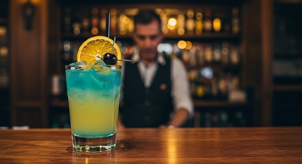Bartender Serving Colorful Cocktail at Bar.