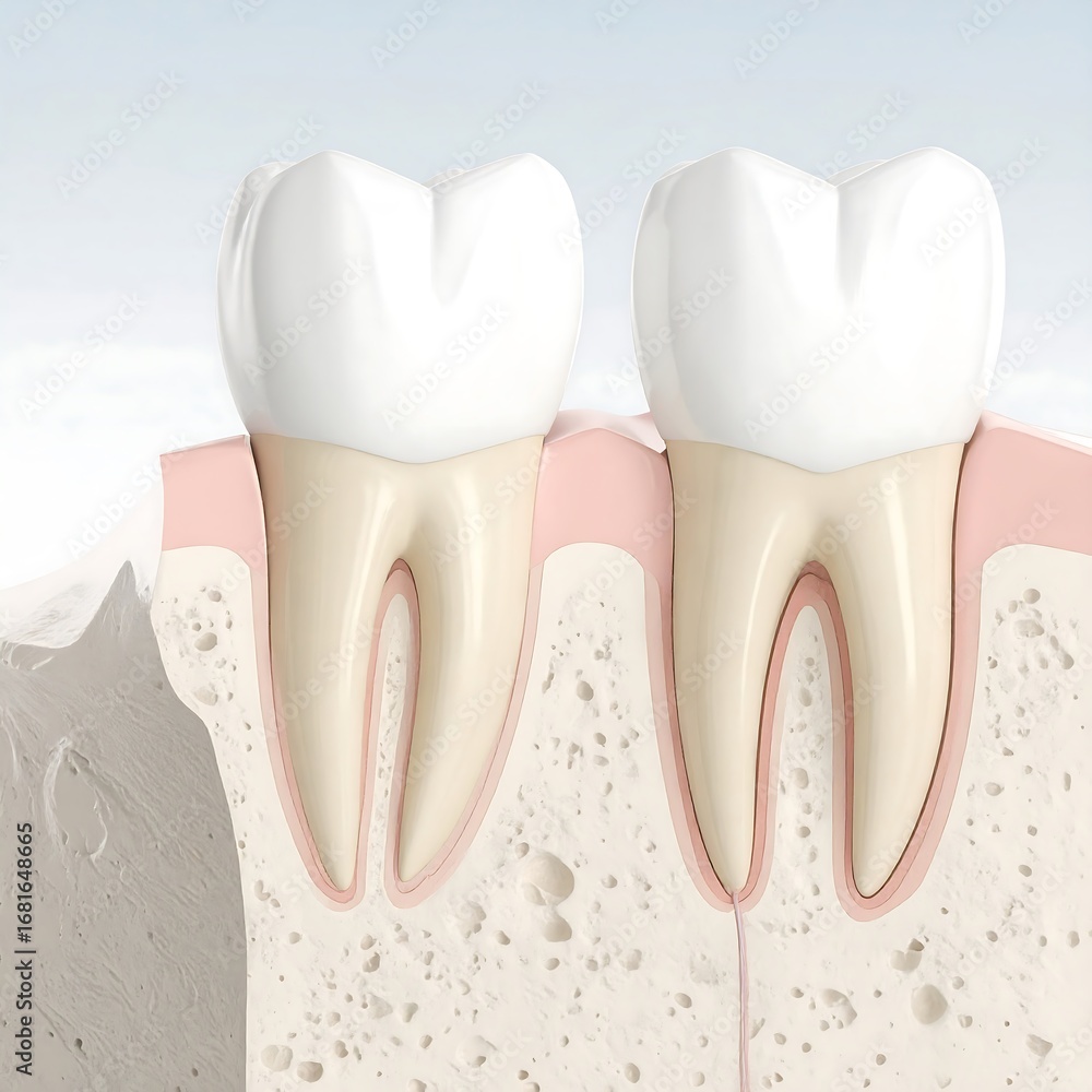 Poster cross-section illustration of two teeth embedded in jawbone, highlighting the gum line and bone stru
