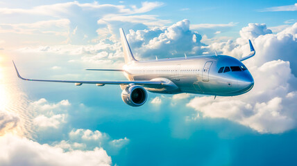 Obraz premium Commercial airplane flying through the clouds above the ocean a symbol of travel and globalization