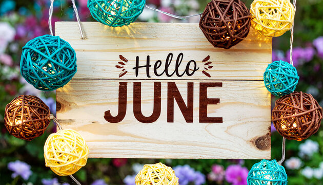 Hello june sign decorated with colorful detailed string lights 2