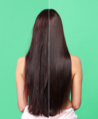 Hair lamination, before and after. Photo of woman on aquamarine background, divided for comparison...