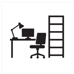 Fototapeta premium Modern home office setup with desk, chair, computer, lamp, and bookshelf in a minimalist black and white illustration