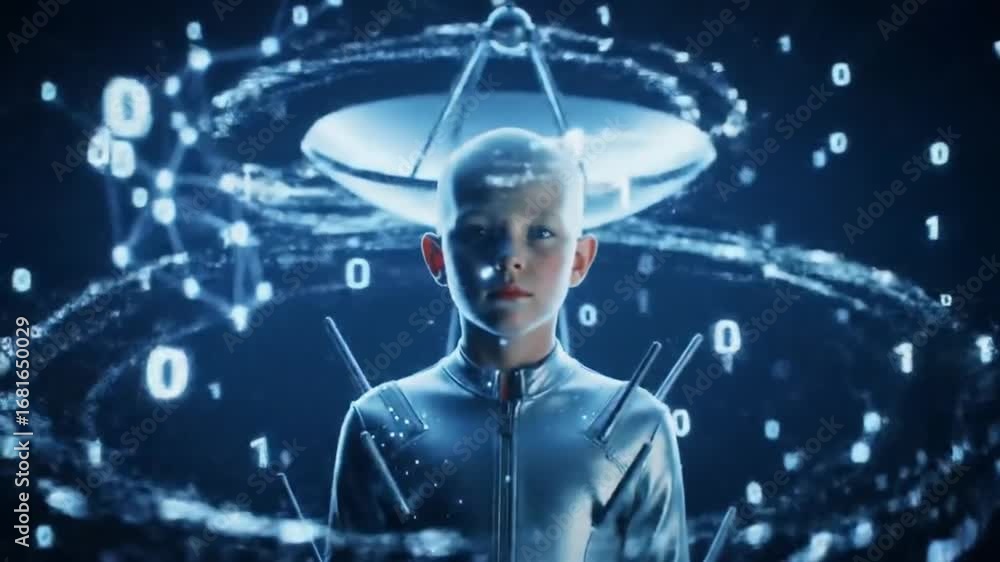 Wall mural conceptual image of a young android avatar connected to a global data stream, symbolizing the future