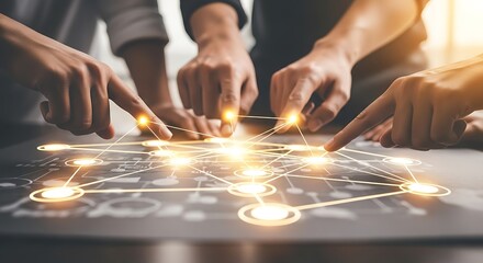 Collaborative Team Connecting Data Points on Illuminated Digital Interface