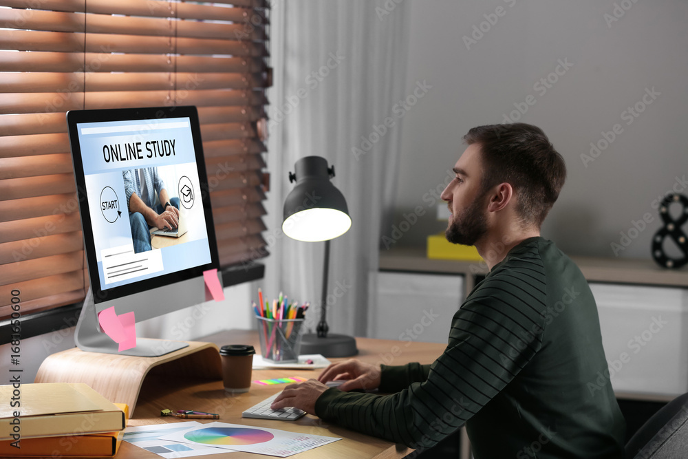Poster online study. man using computer for e-learning at desk