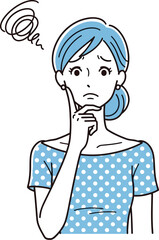 Confused woman illustration with hand on chin and thought bubble