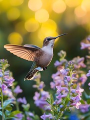 Fototapeta premium A hummingbird flutters among the flowers, its tiny form and rapid wings appearing particularly lively in the sunlight