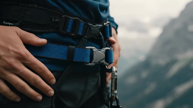 Climber Fastening Harness Buckle - Close-up of a person's hands securing the buckle of a climbing harness. A blurry mountainous landscape is visible in the background. - Powered by Adobe