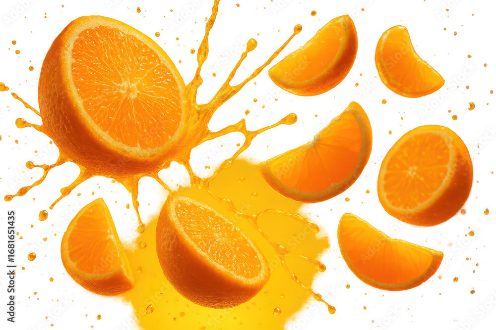 Poster orange halves and slices with juice splash isolated on transparent background.