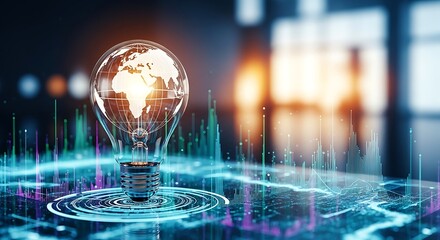 Global Innovation: Lightbulb with World Map Filament on Digital Data Landscape