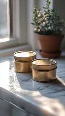 Two golden tins with lids on marble surface beside potted plant  