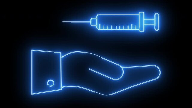 hand icon carrying a syringe icon with neon effect