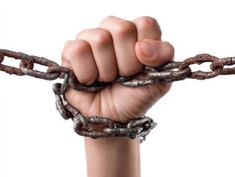 Clenched hand gripping rusty chain wrapped around wrist symbolizing oppression, struggle, strength and emotional tension