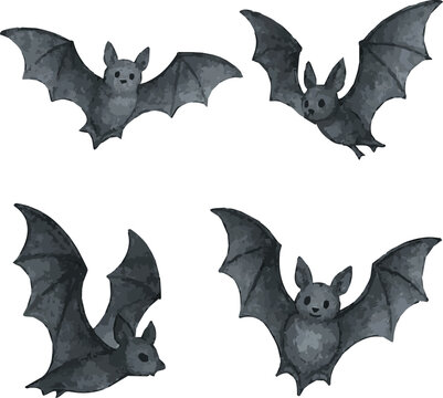 Collection of watercolor painted illustrations of halloween bats each isolated