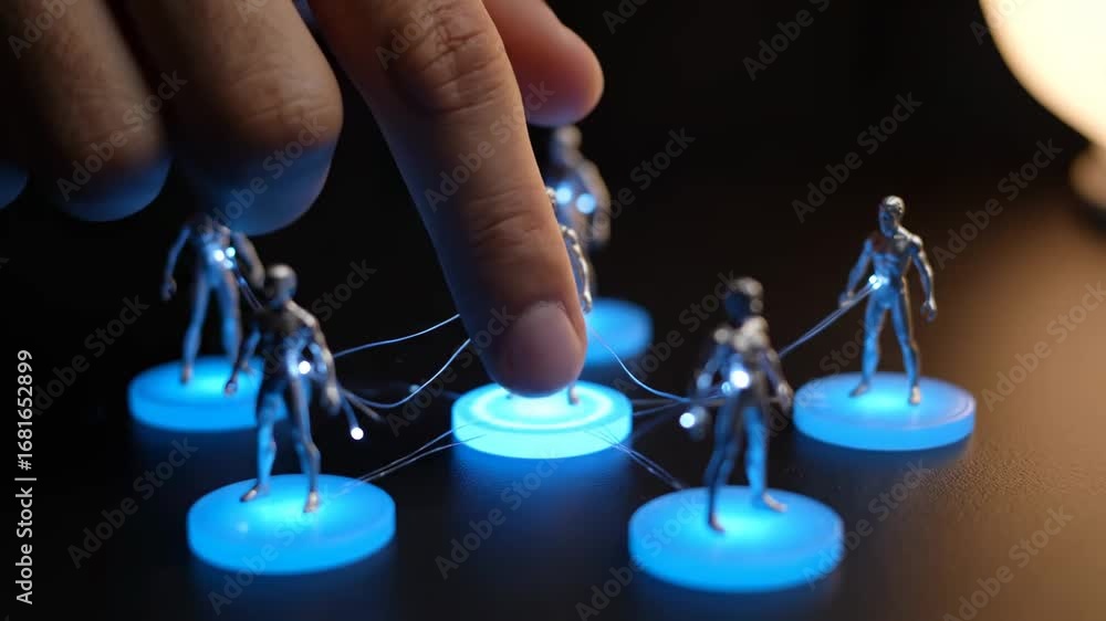 Poster human network connection - a finger interacts with a network of small human figures on illuminated b