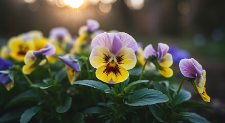 Beautiful Pansy Flowers in Soft Sunlight.