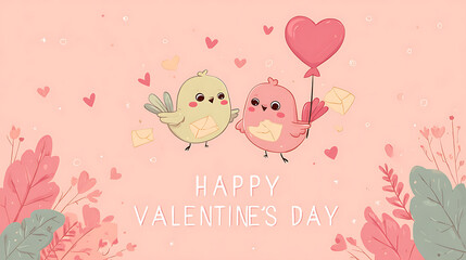 Valentine’s Day Facebook Post Template – Cute Cartoon Birds, Hearts, and Balloons